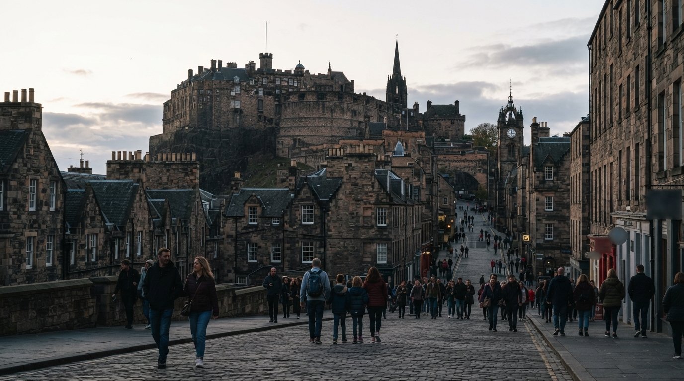 Edinburgh Castle rising above the Old Town ridge at late afternoon, the stone fortress silhouetted against a pale sky with the Royal Mile dropping away below