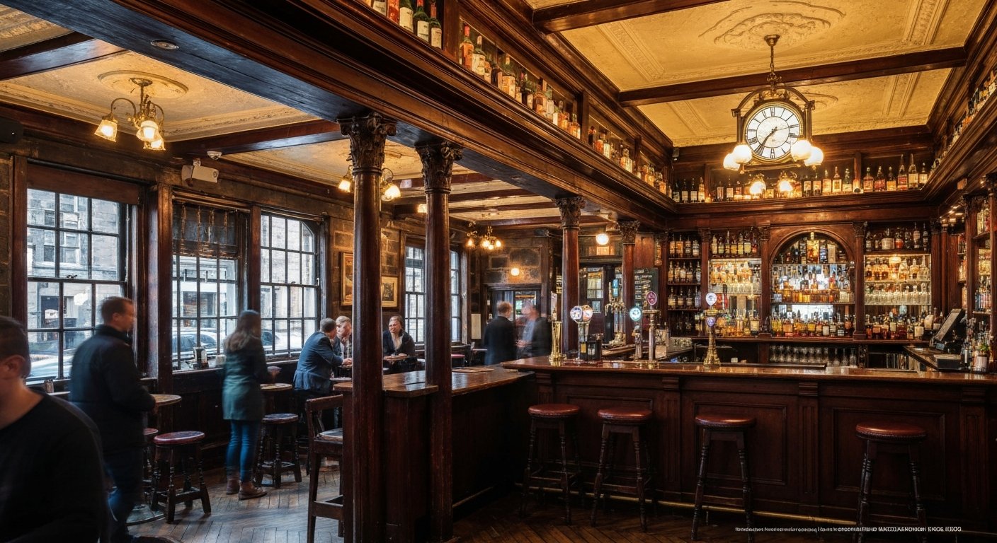 the interior of The Bow Bar on West Bow, mahogany gantry lined with whisky bottles, warm Victorian pub lighting and a quiet timber bar
