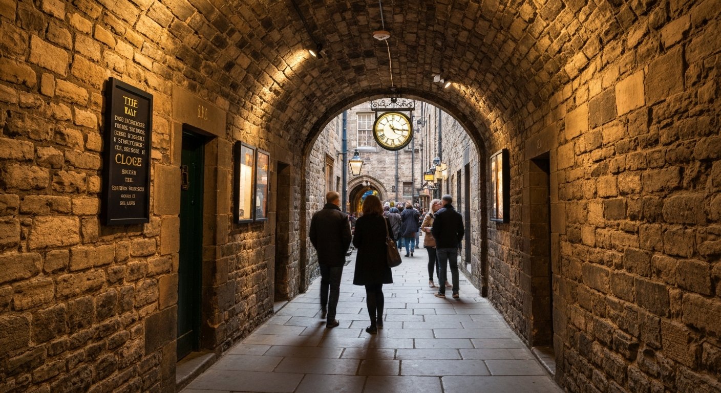 the narrow stone passage of The Real Mary King’s Close, low-lit preserved 17th-century walls and guide-led tour atmosphere underground