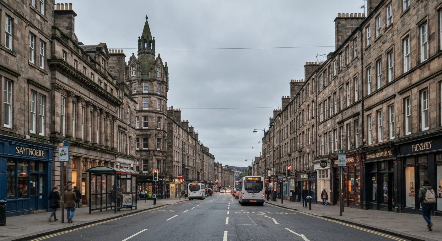 Nicolson Street in Southside Edinburgh with the Festival Theatre frontage, bus stops, tenement stone and evening traffic under a grey sky