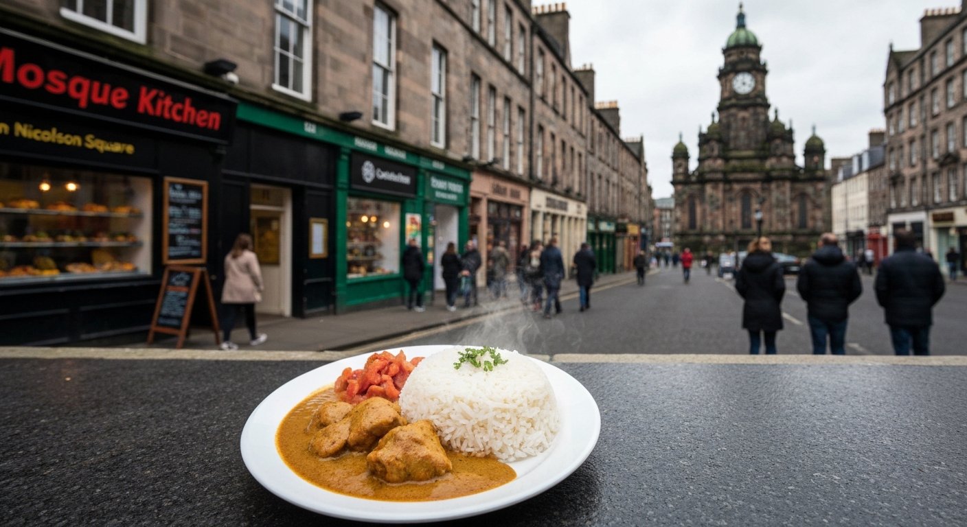 a counter-service plate of chicken curry and rice from Mosque Kitchen on Nicolson Square, simple canteen presentation and steam rising in fluorescent light